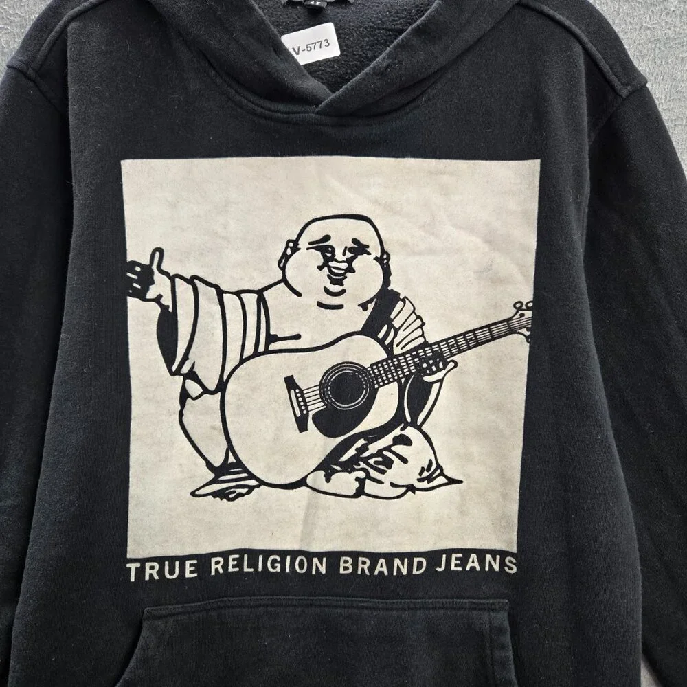 True Religion Men Sweatshirt Medium Black Hoodie Logo Graphic Print READ